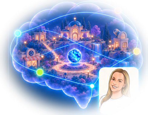 Your Yu: a translucent glowing brain containing the city and its connected lights